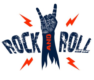 Yıldırımlı rock el işareti, sıcak müzik Rock and Roll jesti, Hard Rock festivali konseri veya kulübü, vektör etiketi amblemi veya logosu, müzik aletleri dükkanı veya kayıt stüdyosu.