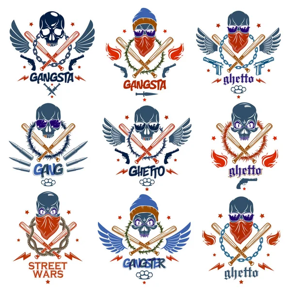 Эмблема Гангстера Логотип Татуировка Агрессивными Бейсбольными Битами Черепа Других Видов — стоковый вектор