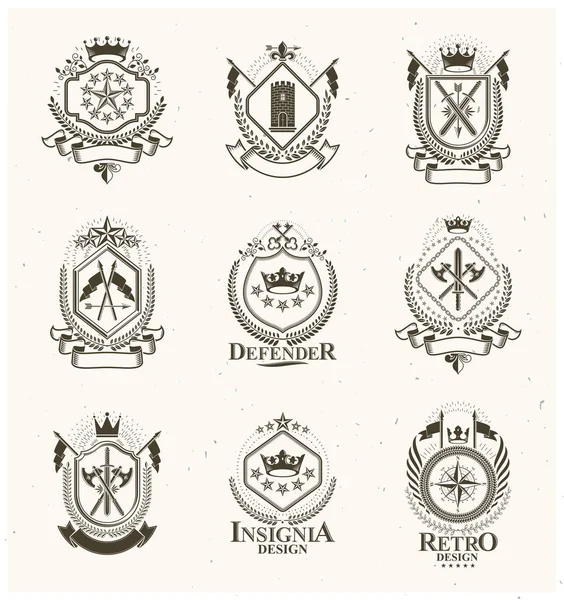 Heraldikai Címer Régi Vektoremblémák Klasszikus Kiváló Minőségű Szimbolikus Illusztrációk Gyűjtemény — Stock Vector