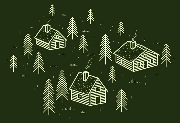 Rural Village Woods Linear Vector Illustration Dark Wooden Houses Trees — Stock Vector