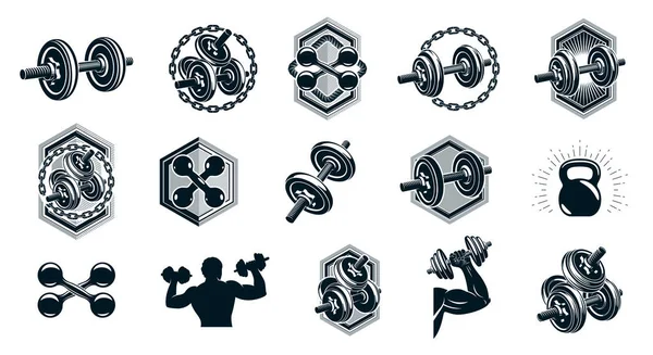 Ginásio Fitness Esporte Emblemas Logotipos Vetor Conjunto Isolado Com Halteres — Vetor de Stock