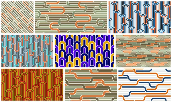 縞模様のベクトルのシームレスなパターン 幾何学的な抽象的な背景セット 縞模様のネット 光迷路 ウェブネットワーク — ストックベクタ