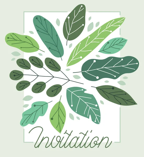 グリーティングカード新鮮な緑の葉ベクトルフラット図面 花のデザイン組成モックアップレイアウト 招待状や記念日のテーマ おめでとうポスター — ストックベクタ