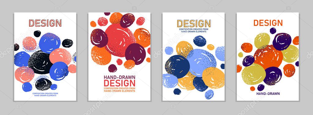 Hand drawn art vector covers circles abstract backgrounds set, artistic graphic design brochures flyers or booklets, advertising colorful positive posters, textured abstraction funny and cute.