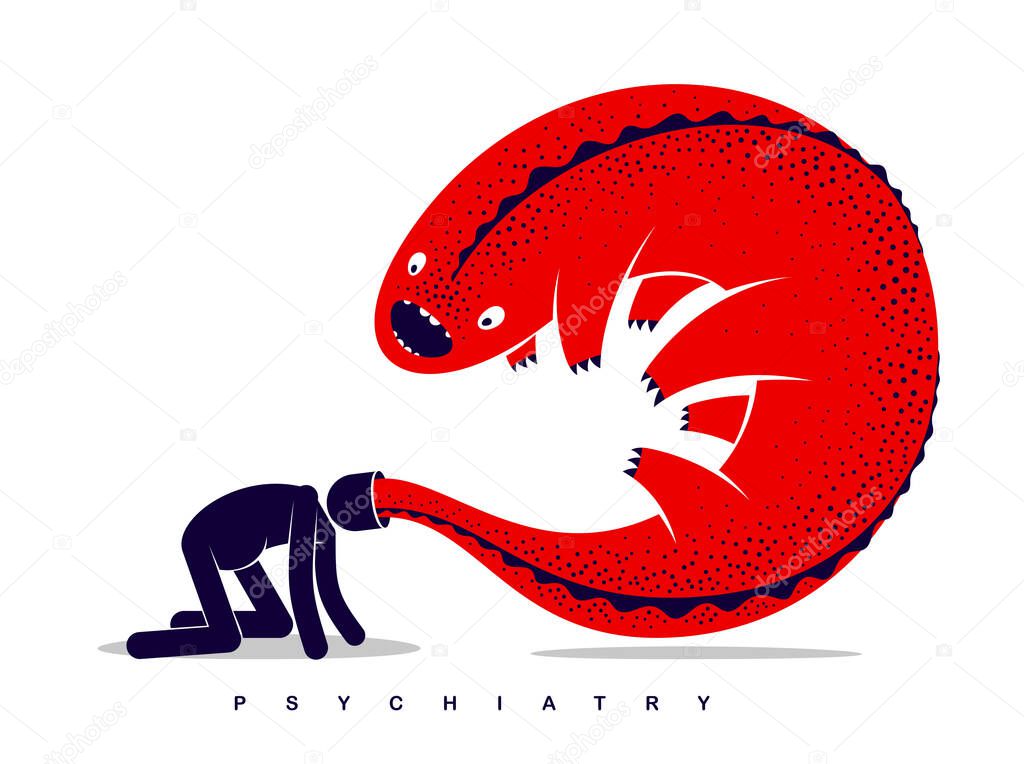 Psychical problems such as phobia psychosis schizophrenia hallucinations vector concept illustration in flat trendy style, psychiatry and psychology allegory, man with monster from his head.