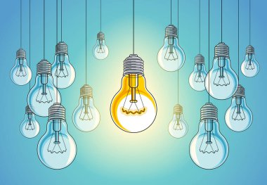 Ampuller güzel vektör illüstrasyonları, tek bir parlak fikir, fikir konsepti, farklı düşün, kalabalıktan uzak dur, yaratıcı ilham kaynağı.