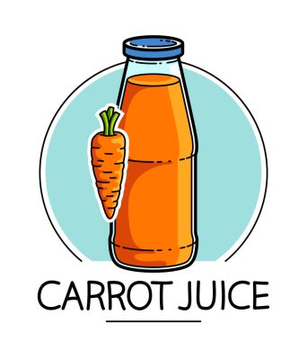 Beyaz arka plan vektör illüstrasyonuna izole edilmiş havuç suyu, saf taze meyve suyu için çizgi film tarzı logo veya rozet, lezzetli ve sağlıklı diyet yiyecek içeceği.. 