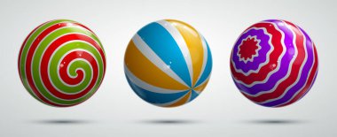 Gerçekçi parlak vektör küreleri desenle dekore edilmiş şirin toplar soyut grafik tasarım elemanları koleksiyonu.