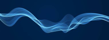 Karanlık, pürüzsüz eğri şekil çizgileri, parçacık dizisi akışı üzerinde akan parçacık dalgası ile vektör soyut arkaplan. 3D şekilli parlayan noktalar harmanlanmış ağ, teknoloji duvar kağıdını rahatlatıyor.