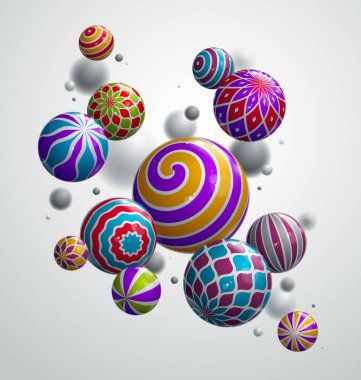 Gerçekçi parlak küreler vektör illüstrasyonu, soyut arkaplan şekilli güzel toplar ve alan etkisi derinliği, 3 boyutlu küreler tasarım sanatı.