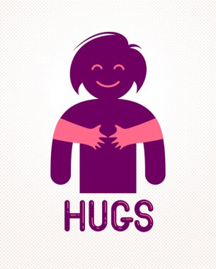 Sevgilisinin ya da arkadaşının özenli ellerine sahip sevgili kadın ona arkadan sarılıyor, vektör simgesi logosu ya da basit sembolik tarzda illüstrasyon.