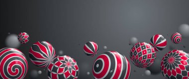 Soyut parlak gerçekçi küreler boş kopya alanı olan vektör arkaplanı, desenlerle süslenmiş uçan topların bileşimi, 3 boyutlu karışık gerçekçi küreler, alan etkisinin gerçekçi derinliği.