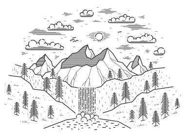 Yüksek dağlardan gelen güzel şelale, beyaz renkte izole edilmiş vektör çizimi, doğa temalı güzellik, yürüyüş temalı kamp ve seyahat temalı sanat çizimi.