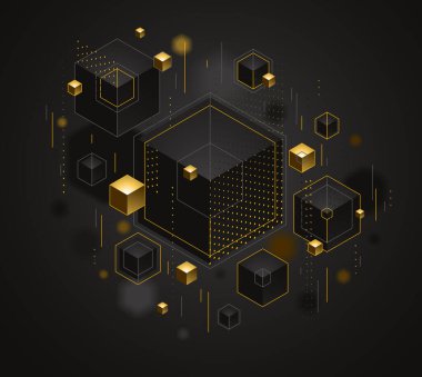 Altın elementlere sahip küp kümeleri ve noktalar vektör soyut arkaplan, 3 boyutlu soyut VIP lüks tarz, mücevher klas zarif geometrik tasarım, parlak altın rengi.
