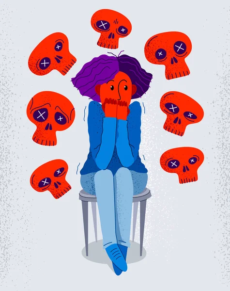 由于对死亡媒介的恐惧 女孩被想象中的死亡骷髅包围 陷入恐惧和恐慌 心理和精神错乱 — 图库矢量图片
