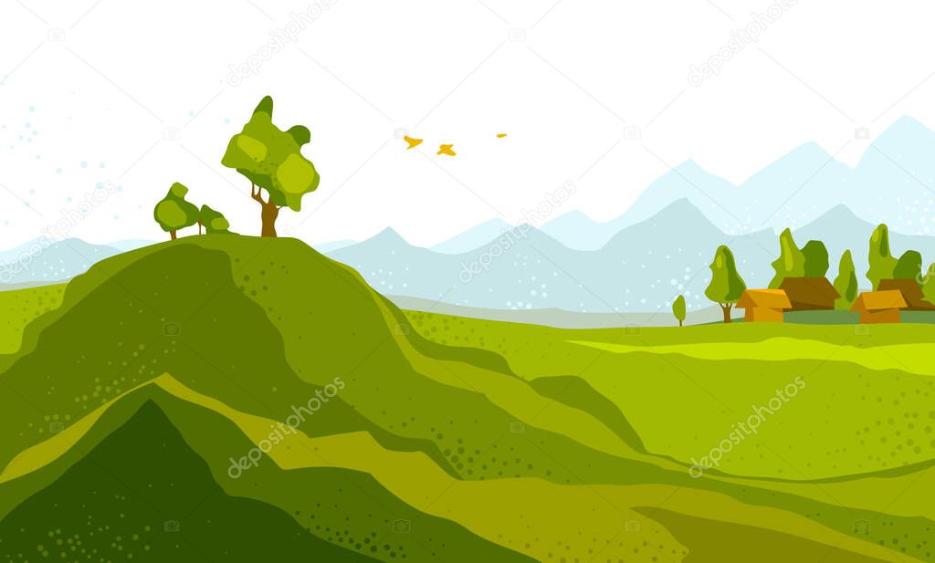 Beautiful scenic nature landscape vector illustration summer or spring season with grasslands meadows hills and mountains, hiking traveling trip to the countryside concept.