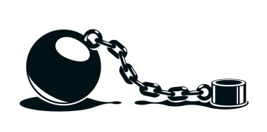 Beyaz, bağımlılık, kötü sorunlar veya borç, özgürlük ve özgürlük, kölelik ve özgürlük, kötü alışkanlıklar kavramına izole edilmiş ağırlıklı metal top vektör kavramına sahip prangalar..