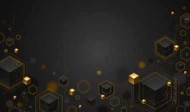 Altın elementlerin oluşturduğu küp kümeleri ve noktalar vektör soyut arkaplan fotokopi alanı, üç boyutlu soyut VIP lüks stili, mücevher zarif geometrik tasarımı, parlak altın rengi..