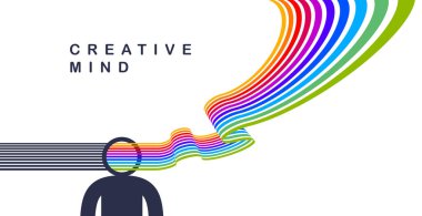 Creative mind brain vector concept in flat trendy design style, colorful rainbow stripes goes out of man head symbolizes creative ideas and thinking, artist designer or writer author. clipart