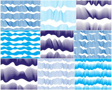 Sanatsal vektörsüz desenler biçimlendirilmiş dalgalar, mavi renk eğrisi çizgileri soyut yineleme arka plan koleksiyonu. Su Dalgası soyut tasarımları.