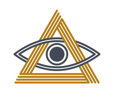 Üçgen piramit vektöründeki tüm gözler modern doğrusal tarzda antik sembol beyaz, Tanrı 'nın gözü, masonik işaret, gizli bilgi illuminati.