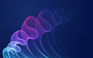 Dinamik sihirli parçacıklar, rüzgarda uçuşan şeffaf tül tekstil dalgaları. Noktalı eğriler vektör soyut arkaplanı. Harmanlanmış noktaların üç boyutlu güzel dizilimi.