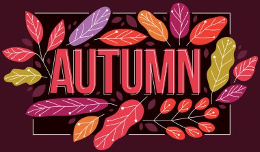 Büyük sonbahar sözcüğü, Avrupa ormanlarının kırmızı ve sarı yapraklarıyla çevrili. Karanlık arka planda düz çizim vektörü, doğanın güzelliği mevsimsel konsepte düşüyor..