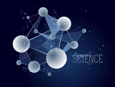 Moleküller ve atomlar vektör soyut arkaplan, bilim kimyası ve fizik temalı illüstrasyon, mikroskobik parçacıklar, mikroskobik araştırma ve teknoloji teması.