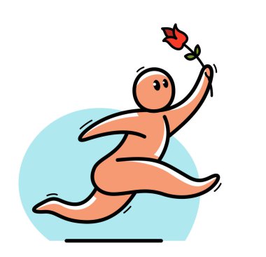 Komik karikatürcü, elinde çiçeklerle koşan romantik aşık vektör düz çizim tarzı beyaz, sevimli ve pozitif küçük adam çizimi ya da ikon.