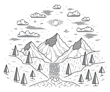 Yüksek dağlardan gelen güzel şelale, beyaz renkte izole edilmiş vektör çizimi, doğa temalı güzellik, yürüyüş temalı kamp ve seyahat temalı sanat çizimi.