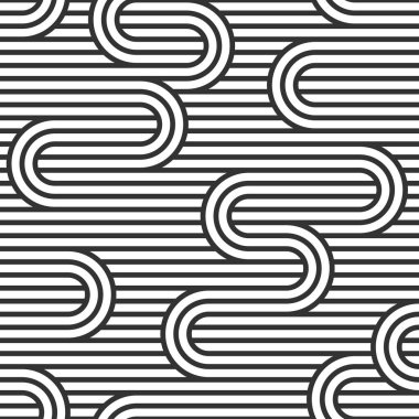 Bükülmüş çizgileri olan kusursuz desen, vektör doğrusal döşeme arka planı, çizgili dokuma, optik labirent, bükülmüş çizgiler. Siyah ve beyaz tasarım.