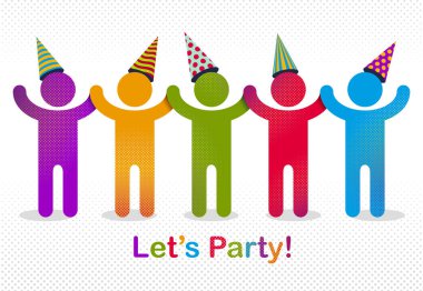 İnsanların vektör konsepti basit illüstrasyon ya da ikon, kutlama yıldönümü ya da tatil eğlencesi, bir grup neşeli mutlu insan partide eğleniyor..