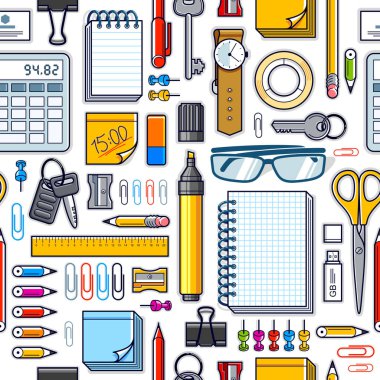 Çalışma masası üst görünümü bir çok farklı kırtasiye elemanı ile dikişsiz vektör duvar kağıdı, iş temalı resim çeşitlilik nesneleri resimleriyle.