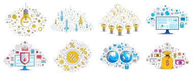 İş ve finans teması birçok basit simge, moda tasarım çizimleri ticari tema koleksiyonu, sembol ve işaret çeşitliliği ile farklı vektör illüstrasyonları.