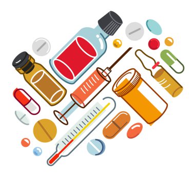 Büyük ilaç bileşimi vektör düz illüstrasyon izole, eczane ilaçları eczacı şişeleri ve haplar ve ampuller, sağlık hizmetleri ve iyileştirme teması tasarımı.