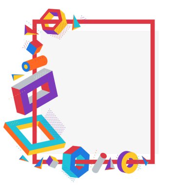 Renkli 3D şekiller beyaz arkaplanda izole edilmiş vektör çerçevesi, parlak pozitif boyutlu tasarım elemanları, kutular ve silindirler ve diğer şekiller basit moda sınır.