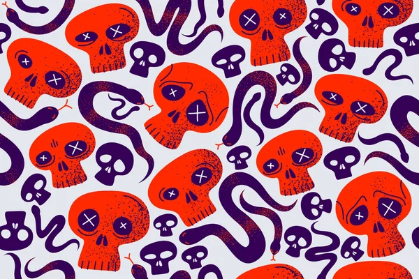 Skulls Snakes Seamless Textile Pattern Horror Sculls Serpents Endless Wallpaper — Stock Vector
