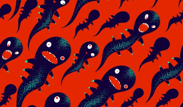 Monstruos Terror Miedo Patrón Textil Vector Sin Costuras Bestias Criaturas — Archivo Imágenes Vectoriales