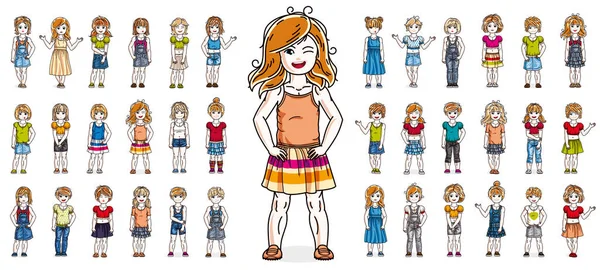 Küçük Kızlar Çocuklar Mutlu Sevimli Beyaz Vektör Çizimlerine Izole Edilmiş — Stok Vektör