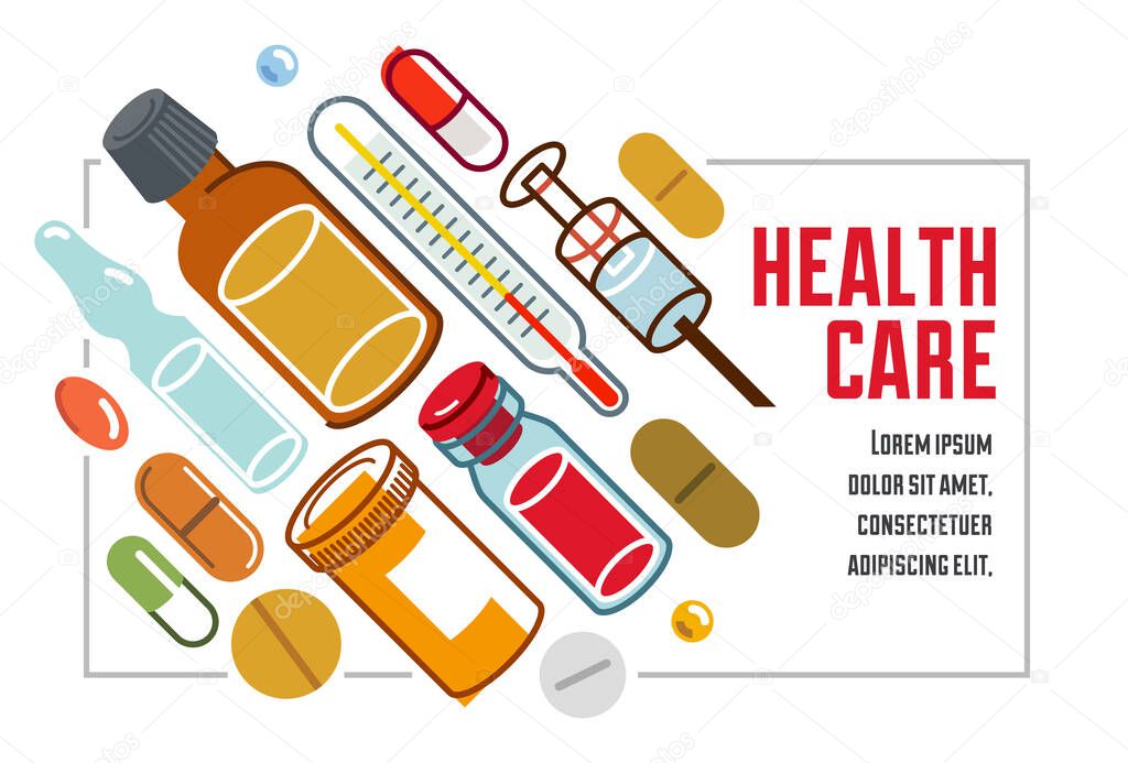 Pharmacy apothecary drugstore flyer, big composition set of medicaments vector flat illustration isolated, advertising banner health care and healing medical theme design.