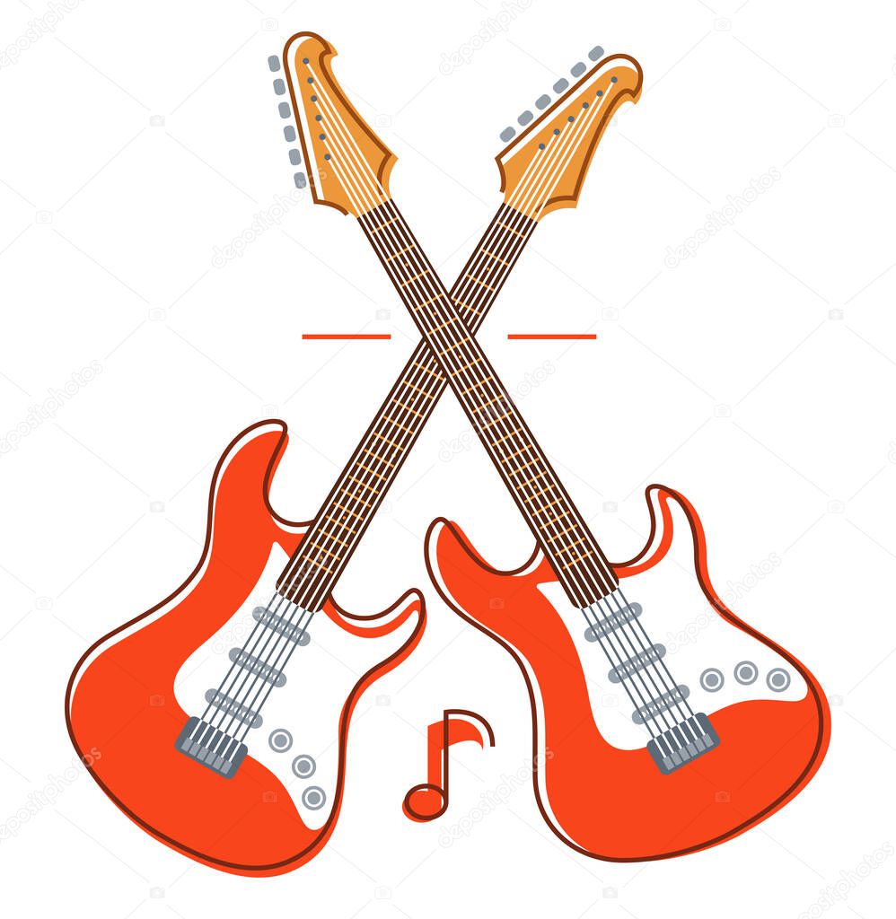 Two electric guitars crossed vector emblem for festival or concert or player isolated on white, live music theme, logo for musical recording label, instruments shop.