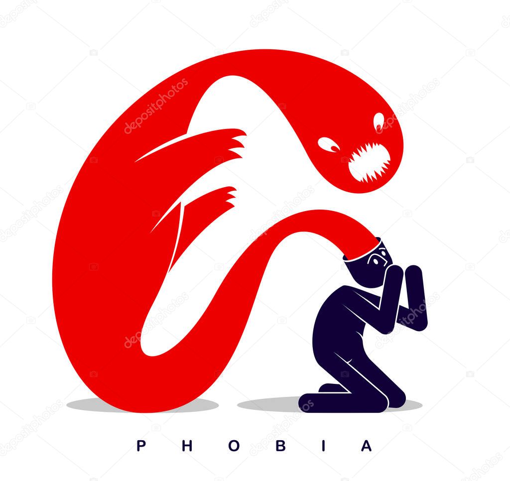 Psychical problems such as phobia psychosis schizophrenia hallucinations vector concept illustration in flat trendy style, psychiatry and psychology allegory, man with monster from his head.