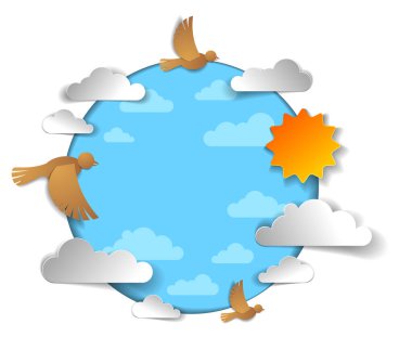 Kuşlar güzel bulutların arasında uçuyor ve gökyüzünde güneş var, yaz rahat ve huzurlu bir duygu, kağıttaki vektör çizimi çocukların tarzını kesiyor..