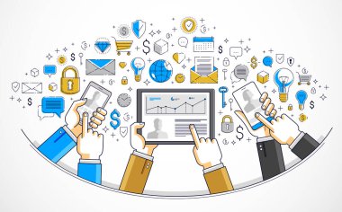 İnternet ekip çalışması internet üzerinden çalışıyor ve cihazlar ve uygulamalar, iş adamlarının elleri telefon ve tablet, vektör illüstrasyonları kullanarak konferans yapıyorlar..