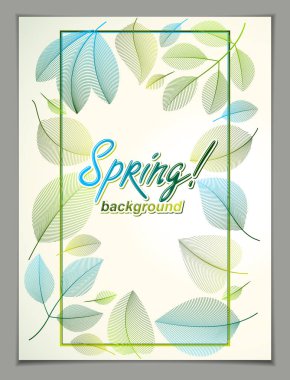 İlkbahar dikey afiş tasarımı, yeşil ve taze yapraklı vektör güzel arka plan, bahar indirimi, reklam afişi, broşür veya broşür tasarımı. Şık botanik çizimler, çevre.