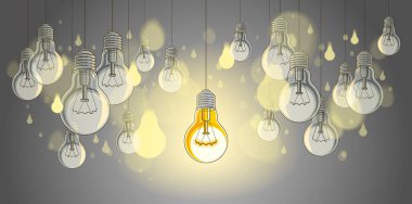 Fikir kavramı ampuller vektör illüstrasyonunda parlıyor, farklı düşünüyor, yaratıcılık, özel olmak, liderlik.