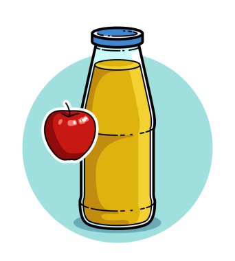 Beyaz arka plan vektör illüstrasyonuna izole edilmiş elma suyu, saf taze meyve suyu için çizgi film tarzı logo veya rozet, lezzetli ve sağlıklı diyet yiyecek içeceği.. 