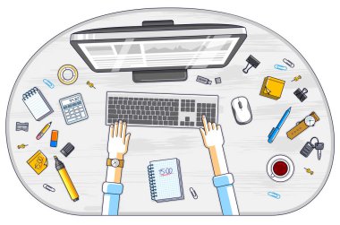 Ofis çalışanı ya da girişimci masası çalışma yeri elleri, bilgisayarı ve çeşitli kırtasiyeleri olan iş yeri, üst görünüm. Tüm elementleri ayrı ayrı kullanmak kolaydır. Vektör illüstrasyonu.