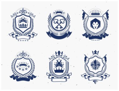 Vintage vektör tasarım elemanları. Retro stil etiketleri, heraldry. Arms koleksiyonu, vektör seti.