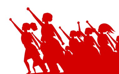 Feminist kadın eylemci kalabalığa önderlik ediyor. İnsan hakları için mücadele ediyor. Vektör illüstrasyonu izole edilmiş, sosyal adalet savaşçıları, kız gücü..